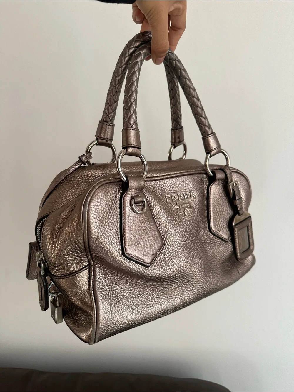Prada Metallic Taupe/Bronze Leather Satchel